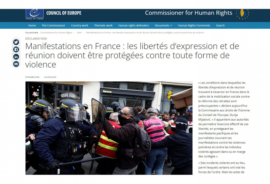 Avropa Şurası Fransa polisinin nümayişçilərə qarşı tətbiq etdiyi zorakılıqları pisləyib
