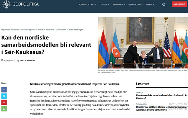 “Geopolitika”da Vaşinqtonda imzalanan saziş haqqında məqalə dərc olundu