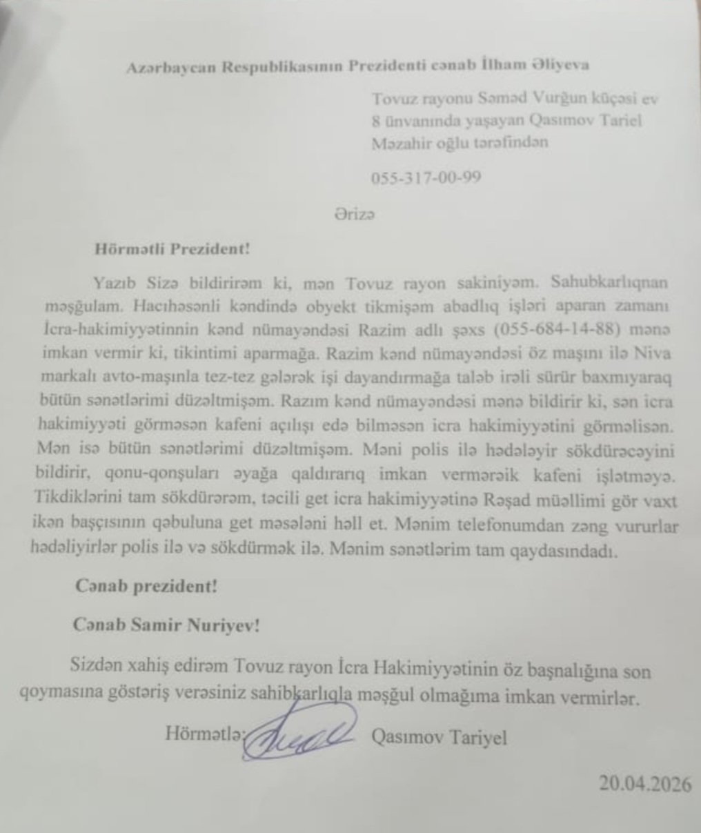Tovuz rayonunda sahibkarlıq qanuna əsaslanır, yoxsa İcra hakimiyyəti rəhbərliyinin cibinə?