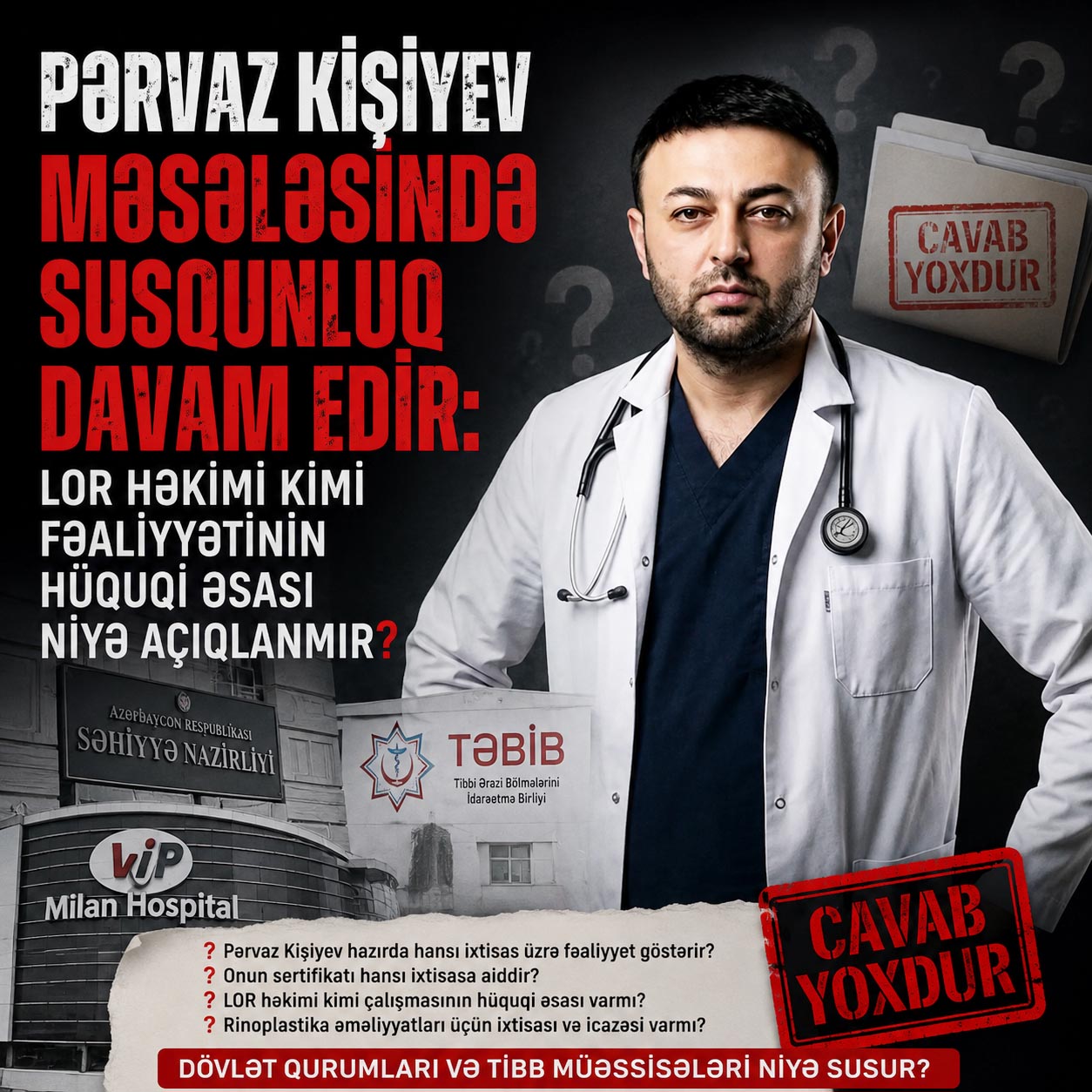 Pərvaz Kişiyev məsələsində susqunluq davam edir: LOR həkimi kimi fəaliyyətinin hüquqi əsası niyə açıqlanmır?